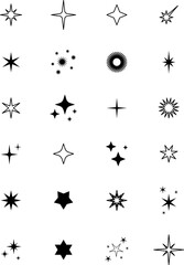 Minimalist silhouette stars icon set, twinkle shining star shape symbols, icons, elements. Modern geometric sparkle black silhouettes sign
