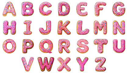 Alphabet of Edible Delight: A vibrant and playful collection of alphabet letters, meticulously crafted to resemble delectable donuts, each topped with a sweet pink glaze and delightful sprinkles.