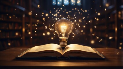 An open book on a wooden table with a glowing lightbulb emerging from its pages