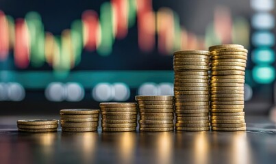 Ascending stacks of gold coins with a blurred stock chart backdrop, ideal for illustrating financial success, wealth accumulation, investment strategy, and market growth