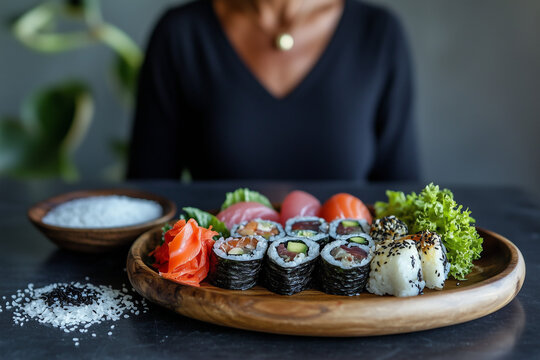 Pe&ccedil;as de sushi em um prato, em uma janta