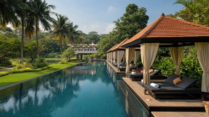 Serene Tropical Resort with Poolside Loungers and Lush Greenery Under a Clear Blue Sky