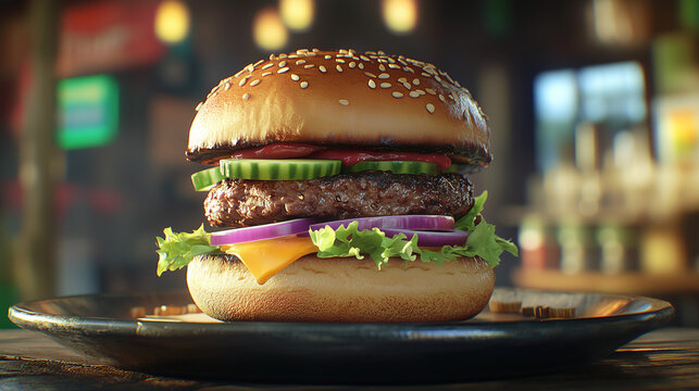 Hamb&uacute;rguer suculento com carne bovina, cebola roxa, pepinos e alface