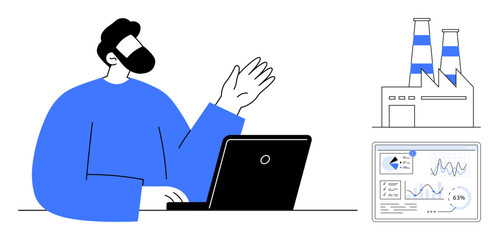 Naklejka premium Person engaging with a laptop, factory illustration with chimneys, and digital dashboard showcasing data analytics. Ideal for technology, manufacturing, business, strategy, analysis, innovation