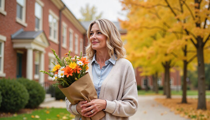 Fototapeta premium Teacher smiling with bouquet outdoors in autumn, seasonal warmth