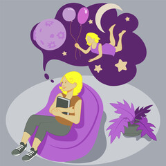 The girl sits in a chair and dreams of flying into space. A bright illustration in lilac-gray tones and cartoon style.