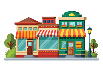 Three charming storefronts showcase bright stripes and inviting designs, nestled among small trees and street lamps in a vibrant urban environment.