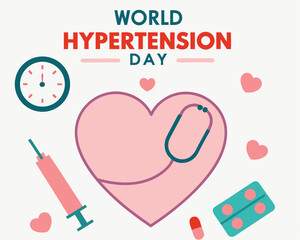 Pink Heart with Medical Tools for World Hypertension Day Awareness.
