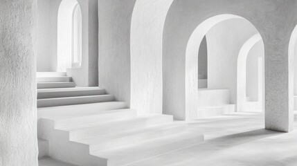 Fototapeta premium A White Architectural Interior Showcasing Archways Stairways And Pillars