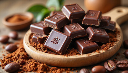 Dark chocolate chunks on rustic board with cocoa, health benefits