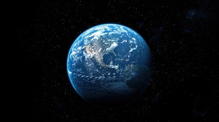 Fototapeta premium A realistic depiction of Earth suspended in space, centered and floating against a void, accentuating the planet's iconic blue hue and spherical form. The Earth dominates the frame.