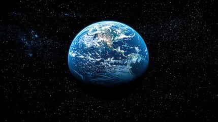 A realistic depiction of Earth suspended in space, centered and floating against a void, accentuating the planet's iconic blue hue and spherical form. The Earth dominates the frame.