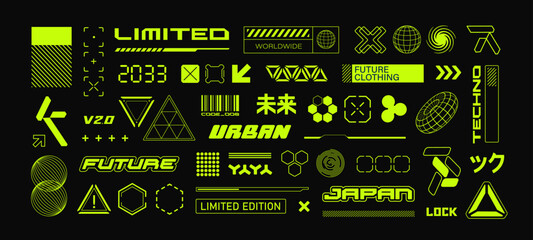 Futuristic elements and Cyberpunk signs for Urban Fashion Clothes set 1. Cyberpunk and Hi-Tech Hud emblems stickers and Y2k logo collection for apparel print design. Retro Futuristic japan style © VRTX