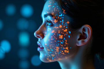 Close up of beautiful young woman face with face recognition mesh and immersive binary interface. Concept of hi tech. Digital face of young woman with futuristic holographic interface display. AI
