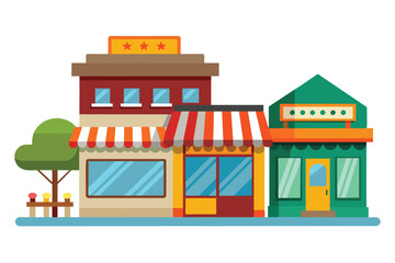 A cheerful area features three distinct storefronts with bright colors, awnings, and a nearby tree, creating a lively atmosphere ideal for shoppers and passersby.