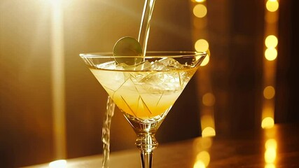 Golden cocktail being poured into a martini glass with ice and a garnish - Powered by Adobe