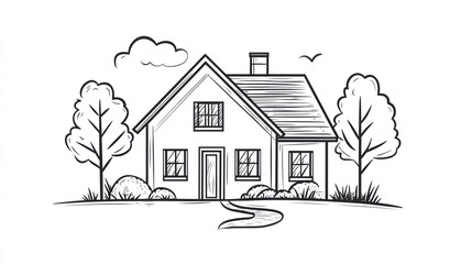 Simple sketch of a house and trees, idyllic countryside scene, use for background, illustrations