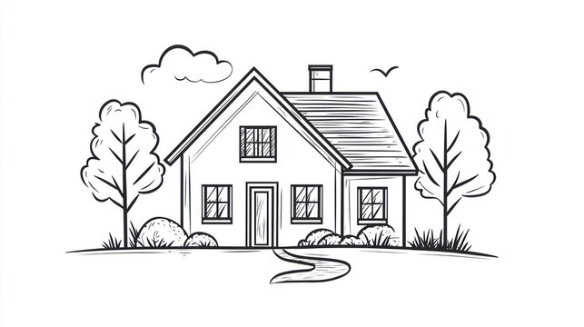 Simple sketch of a house and trees, idyllic countryside scene, use for background, illustrations