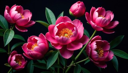Naklejka premium Bold peony blossoms and lush foliage, vibrant jewel tones on black , stylish, peony pattern