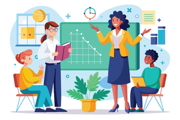 A teacher guides students through a lesson using a graph, while one student reads a book and two others participate actively in the discussion.