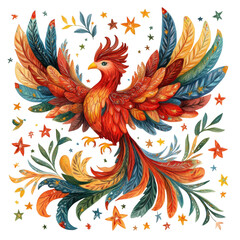 Obraz premium Majestic phoenix rising with colorful feathers and stars fantasy art bright background inspirational concept