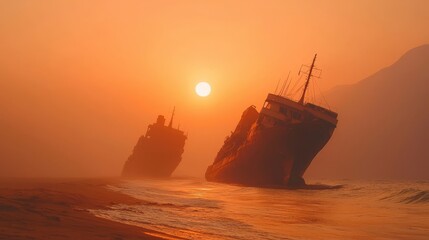 Fototapeta premium Sunken Ships at Sunset Ocean Scene Dramatic Wreckage on Coastline Sun Orange Sky