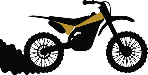 Fototapeta premium A gritty illustration of a yellow and black dirt bike in motion, with a textured effect showing a cloud of dust and debris trailing behind it
