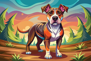 Obraz premium A cheerful dog with a striking coat stands on a dirt path amid lush trees, basking in the warm glow of the sunset, creating a lively outdoor atmosphere.