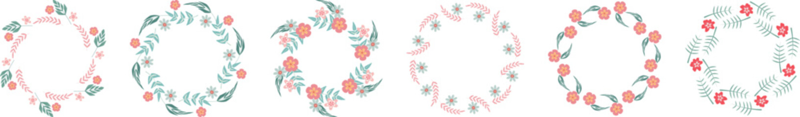 Set spring simple pink flower circle frame isolated on white Round floral border Leaves and flowers, wedding invitation cards Elements design posters template Copy space for text Summer design