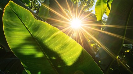 Sunlight shining through tropical banana leaves in a lush green jungle environment with natural lens flare