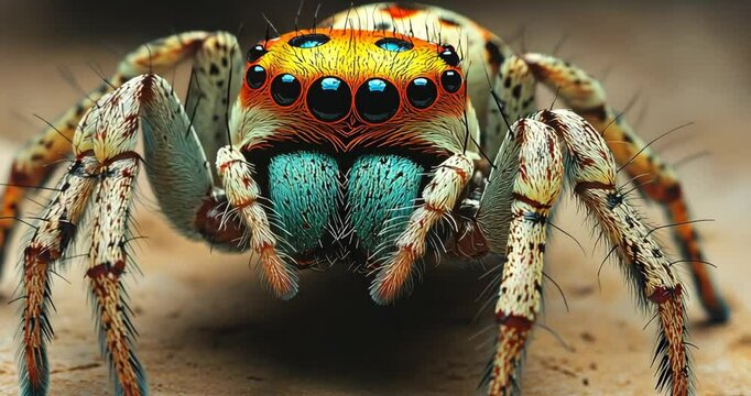 Low angle macro shot of a colorful jumping spider on a brown surface.
