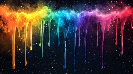 Vibrant rainbow paint drips against dark background with glowing sparkles and cosmic effects create dramatic melting color spectrum with flowing liquid texture.