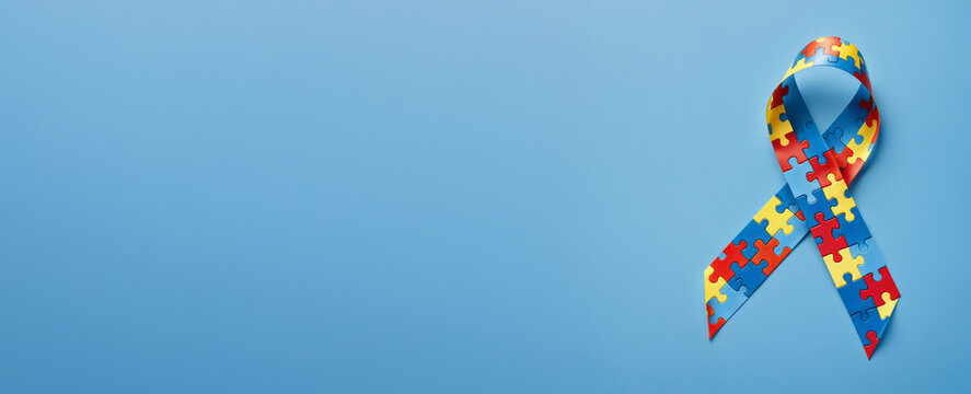 Colorful autism ribbon made from puzzle pieces on light blue background. Symbol of April awareness month. Banner copy space