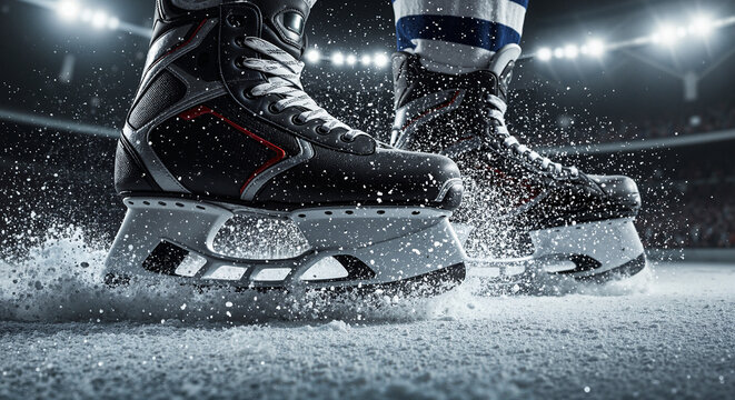 Ice hockey skates gliding on ice with splashes in arena  