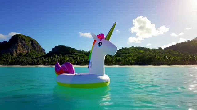 Colorful inflatable unicorn floats on sparkling ocean water near tropical beach with palm trees under bright sun