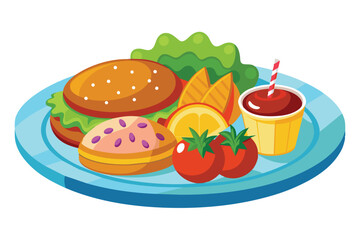 A vibrant plate is arranged with a delicious hamburger, crispy fries, a sweet cookie, fresh cherry tomatoes, and a small cup of ketchup, perfect for a satisfying meal.