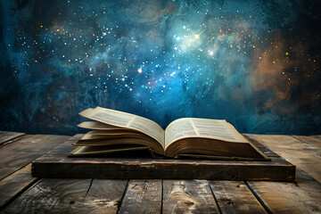 An open magic book on an old table.