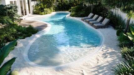 Serene Tropical Pool Oasis Surrounded by Lush Greenery and Relaxation Loungers in Bright Natural Light