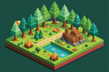 This vibrant isometric landscape showcases a peaceful forest with tall trees, ancient ruins, a serene pond, and a winding path surrounded by colorful vegetation.