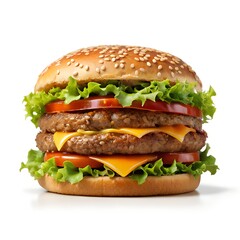 A juicy double cheeseburger with sesame seed bun, fresh lettuce, tomato, pickles, melted cheddar cheese, and grilled beef patties, 
