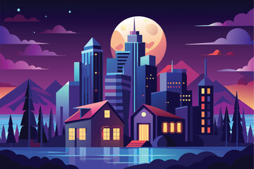 Fototapeta premium A stunning urban landscape at night features towering skyscrapers, a serene lake, and quaint houses with a backdrop of majestic mountains illuminated by a bright full moon.