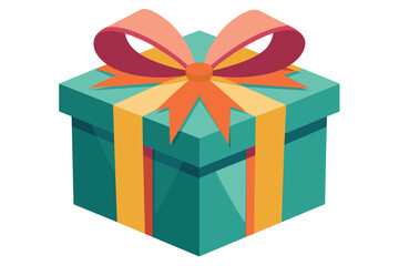 A beautifully wrapped gift box adorned with a large ribbon and bow sits, inviting excitement for an upcoming celebration or event. Its vibrant colors enhance its cheerful appearance.