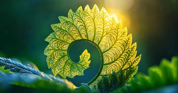 Close-up shot of a vibrant green leaf, forming a perfect spiral, backlit by warm sunshine.