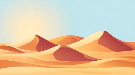 Sandy desert landscape with dunes under a bright sun.