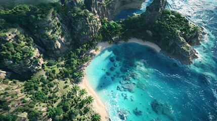 Obraz premium Aerial view of a tropical island with sandy beach and turquoise water surrounded by rocky cliffs .