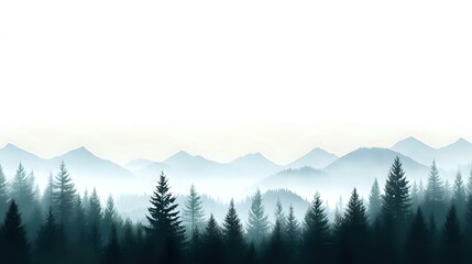 Fototapeta premium Layered mountain landscape with misty pine forest silhouettes in blue and teal tones, creating atmospheric depth and ethereal morning fog effect.