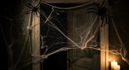 Spider Webs Decorating an Open Doorway with a Candlelit Glow  on a Halloween