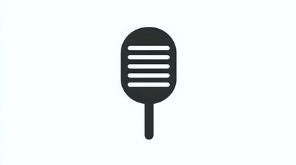 Simple black microphone icon with horizontal lines on rounded head and straight handle, isolated on white background for logos, apps and web design.