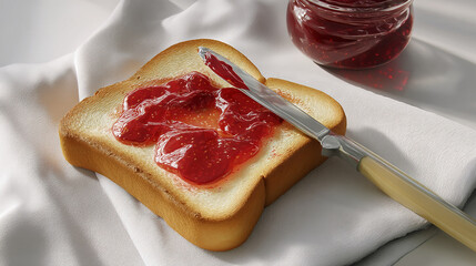 Buttered toast with strawberry jam and knife beside