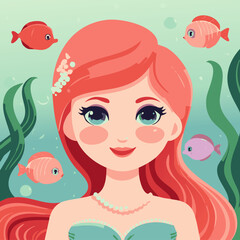 Cute Cartoon Mermaid with Pink Hair and Green Tail – Vector Illustration

